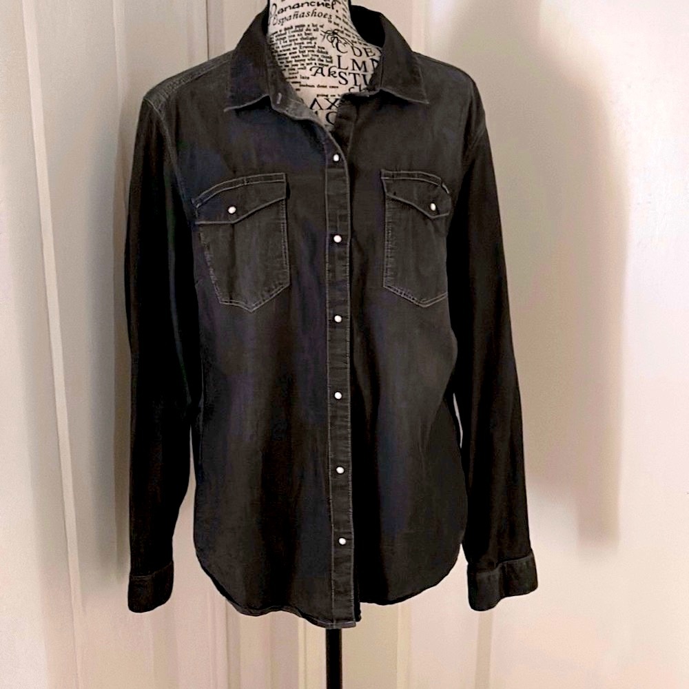 Calvin Kline Jean Denim Black gray snap button up long sleeve size Large